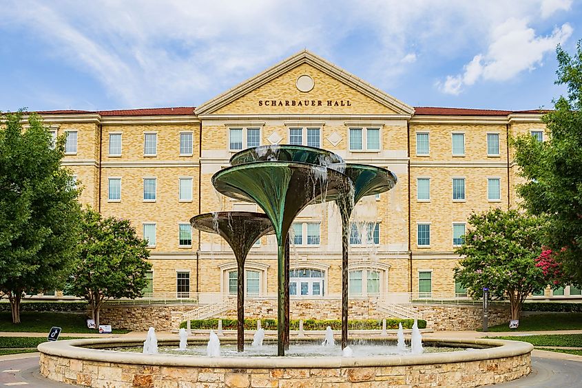 Overcast view of Scharbauer Hall of Texas Christian University at Fort Worth, Texas