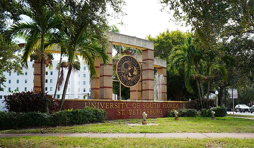 View of a sign at the entrance of the campus of the University of South Florida in Clearwater, Florida, United States.