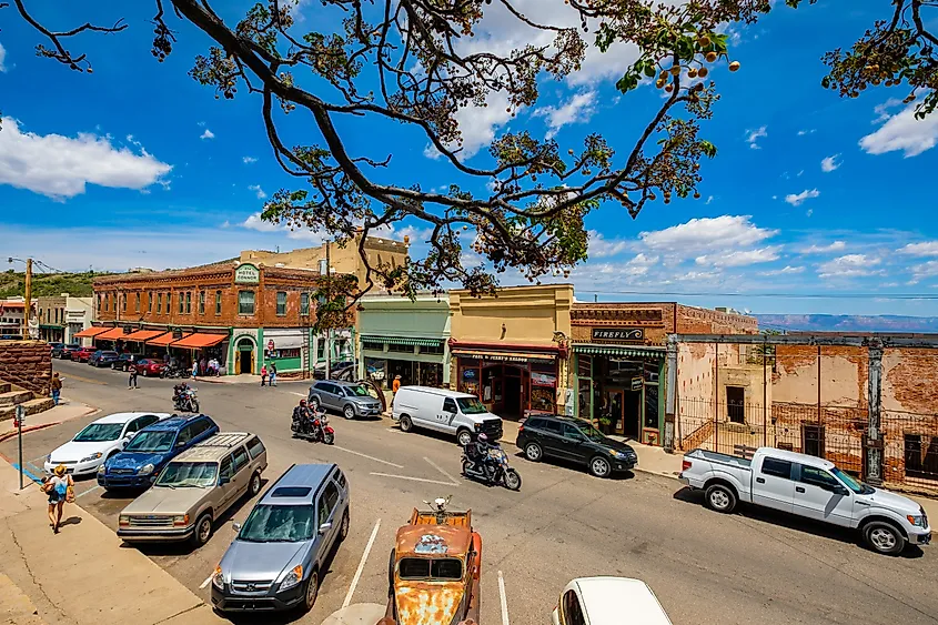 The downtown area of Jerome, Arizona, built into a hillside.