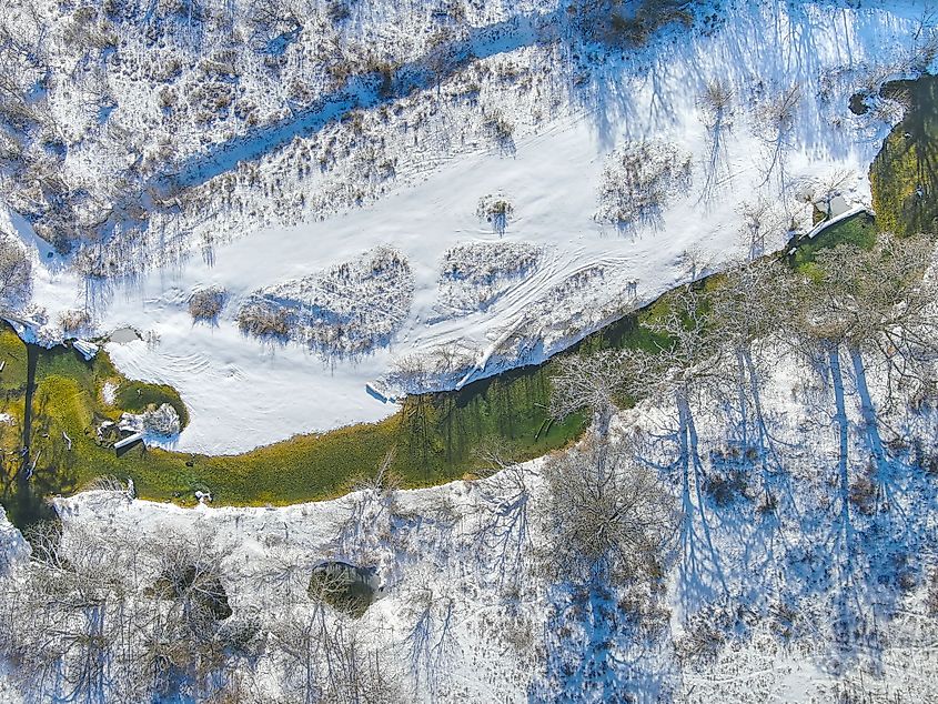 Guadalupe River surrounded by snow near Comfort, Texas