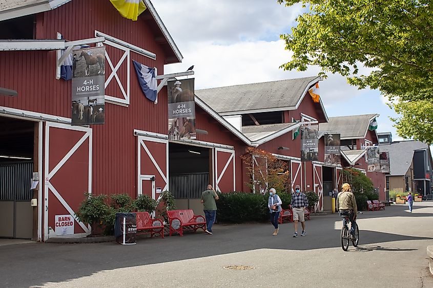 A view of the horse stables, seen at the Washington State Fair in Puyallup, Washington.