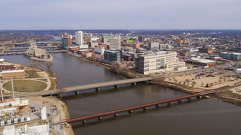 Aerial View Of the Cedar River Running thru a Cedar Rapids in Iowa