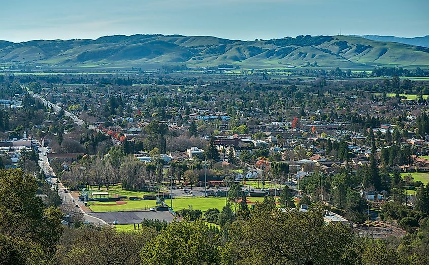 The City Center of Sonoma, California unfolds into the Hills as seen from the Sonoma Overlook Trail