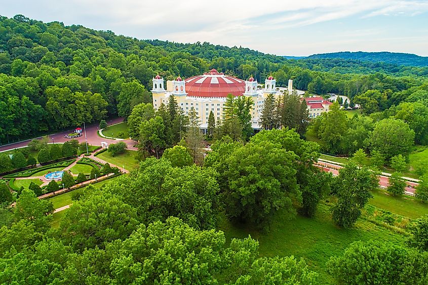 Aerial view of the historic West Baden Springs Hotel in French Lick, Indiana.