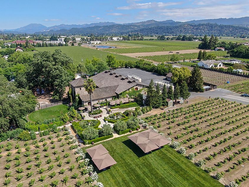 Aerial view of V Sattui Winery and retail store in St. Helena.