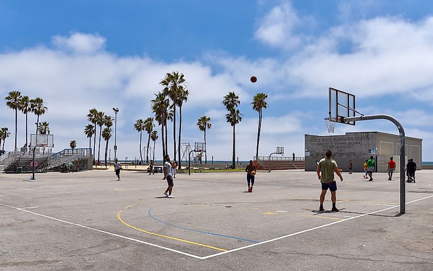amateur players training on the Venice Beach Recreation Center basketball court