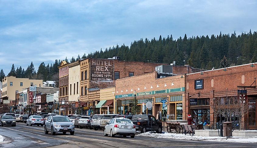 Local businesses line the street in downtown Truckee, California