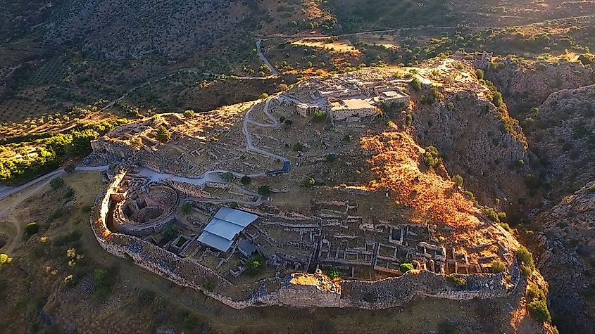 Bird's eye view of the ruins of the ancient city of Mycenae.