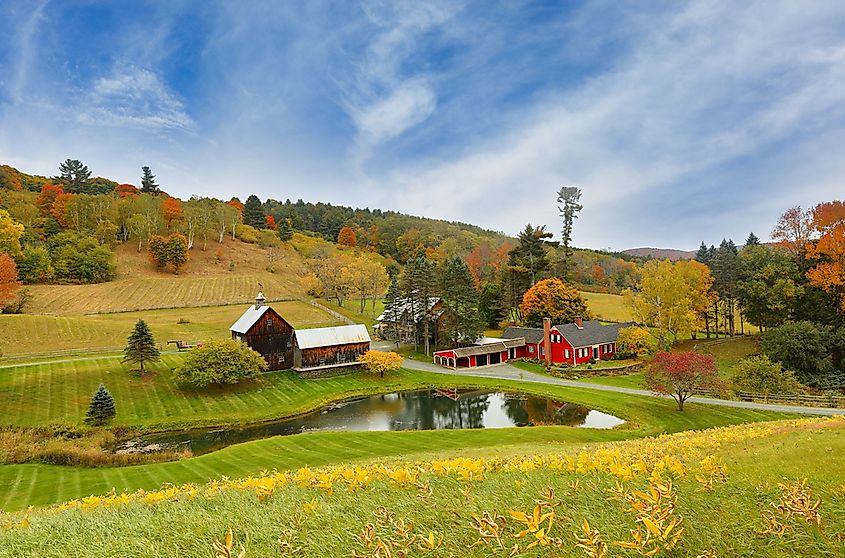 Overlooking a peaceful New England Farm in the autumn at early morning, Woodstock, Vermont