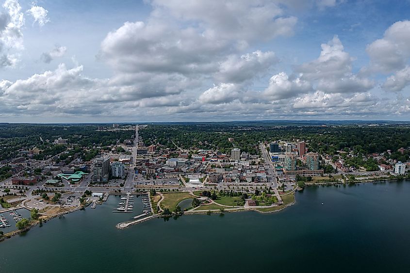 Aerial view of the City of Barrie waterfront in Barrie, Ontario, Canada