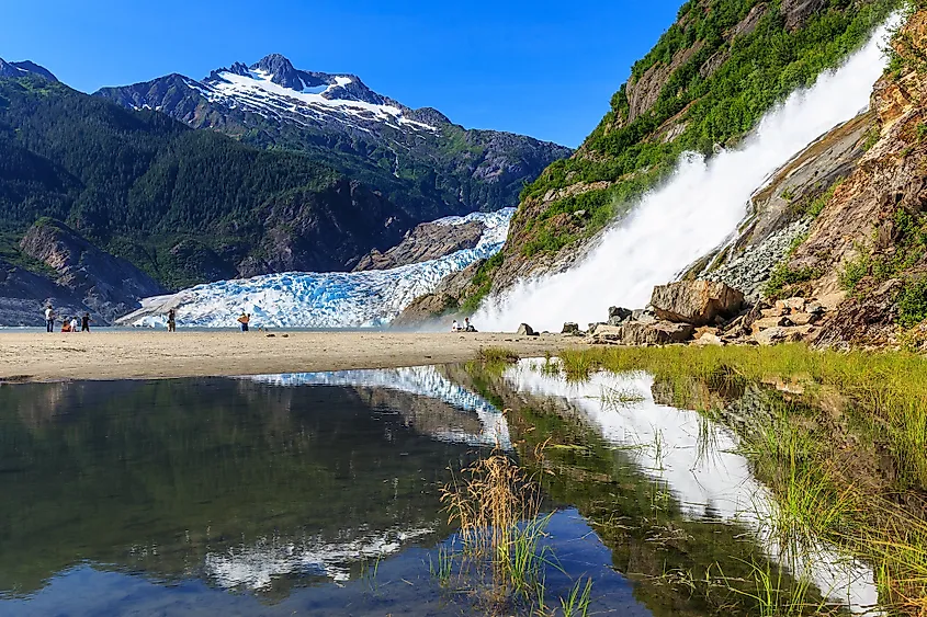 Visitors at Mendenhall Glacier and Nugget Falls.