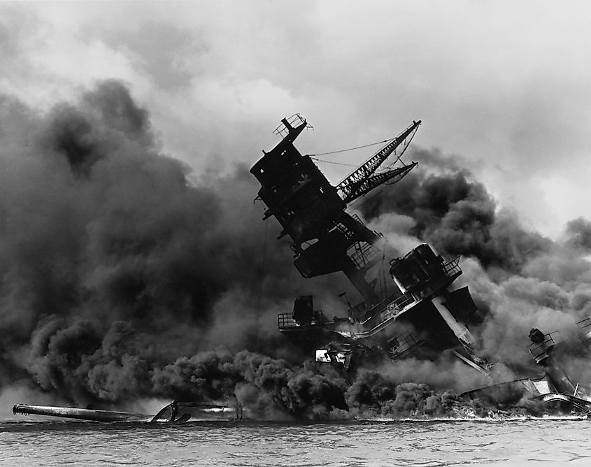 The battleship USS ARIZONA sinking after being hit by Japanese air attack on Dec. 7, 1941.