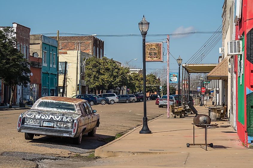 Clarksdale, MS, US-February 5, 2023: Downtown neighborhood in the in an area made famous by blues musicians and civil rights activism.