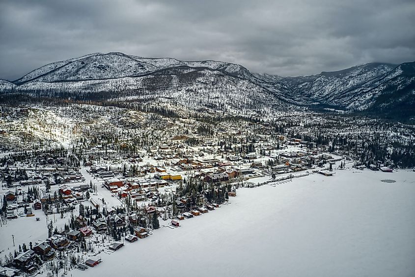 Aerial view of the Town of Grand Lake during winter. 