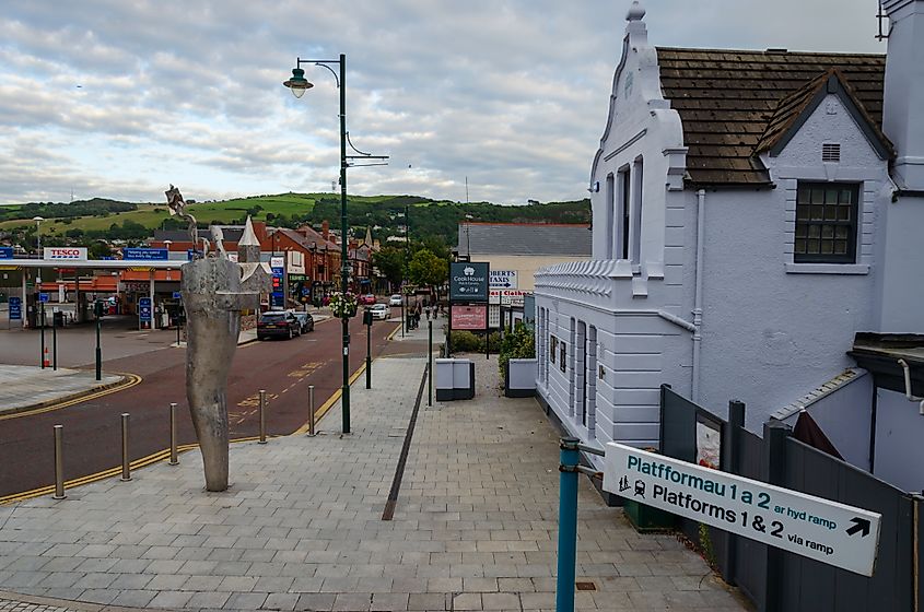 Prestatyn, UK, scene showing the view from the pedestrian bridge at Prestatyn railway station.