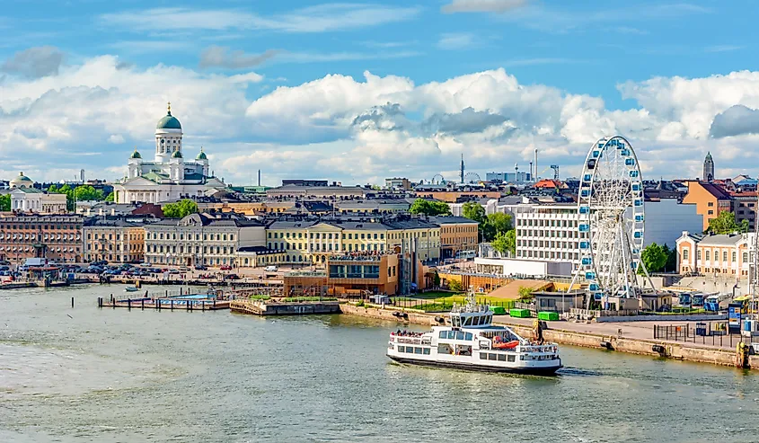 Helsinki cityscape with Helsinki Cathedral and port, Finland