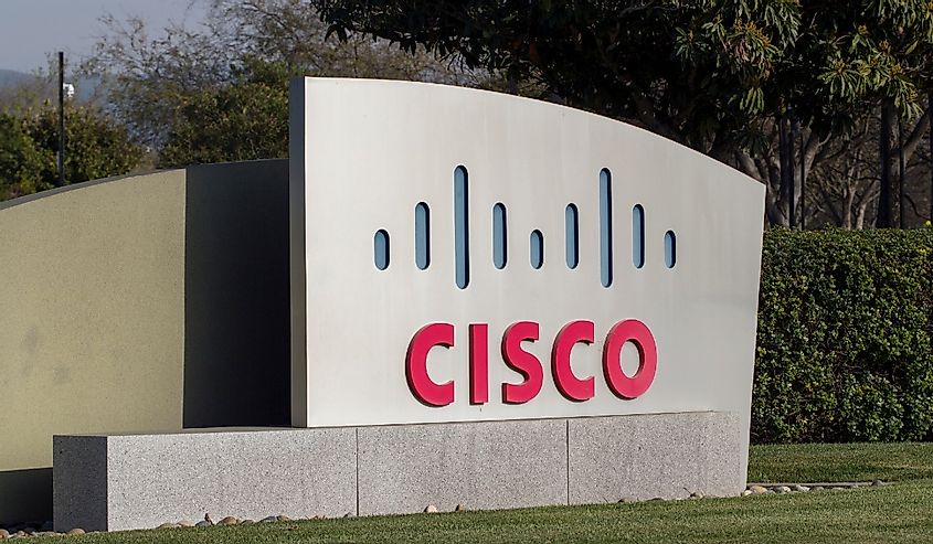 The CISCO sign at American multinational technology conglomerate Cisco Systems, Inc.'s corporate campus in Milpitas, California