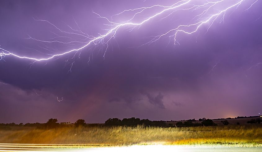 Several lightning bolts, both cloud to cloud and cloud to ground, from severe storms near Paul's Valley, Oklahoma.