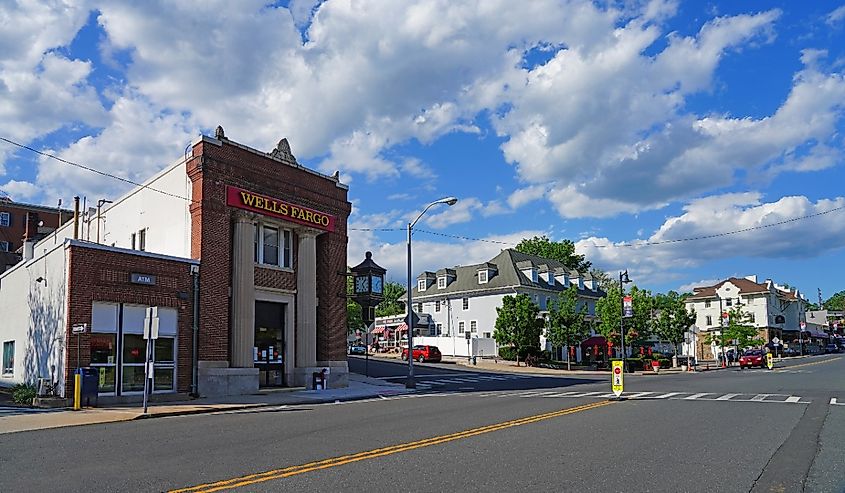View of a branch of a Wells Fargo bank in downtown Bernardsville, a small town located in Somerset County, New Jersey.