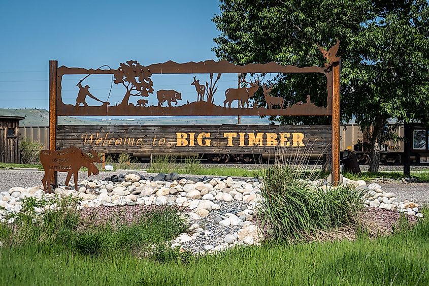 A sign welcoming visitors to the small town of Big Timber, Montana