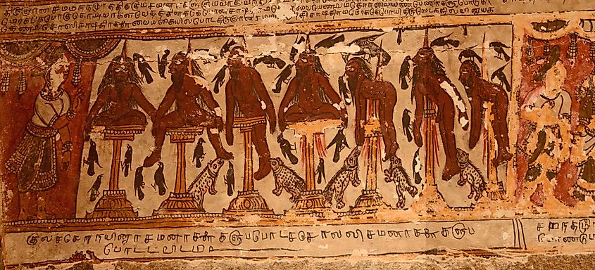 Mural on the ceiling of Avudaiyarkoil at Pudukottai District, Tamil Nadu, India showing the impalement scene.