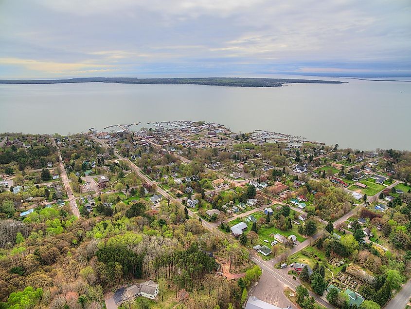 Bayfield Wisconsin and Lake Superior aerial view during summer