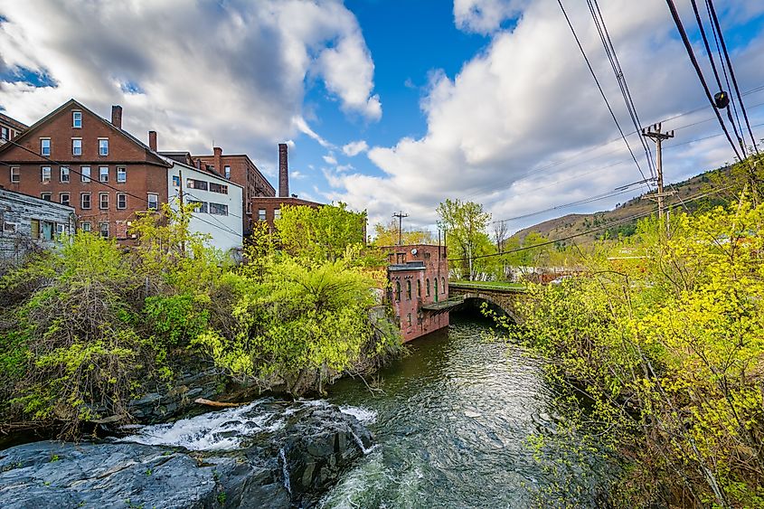 Cascades and old buildings along Whetstone Brook, in Brattleboro, Vermont.