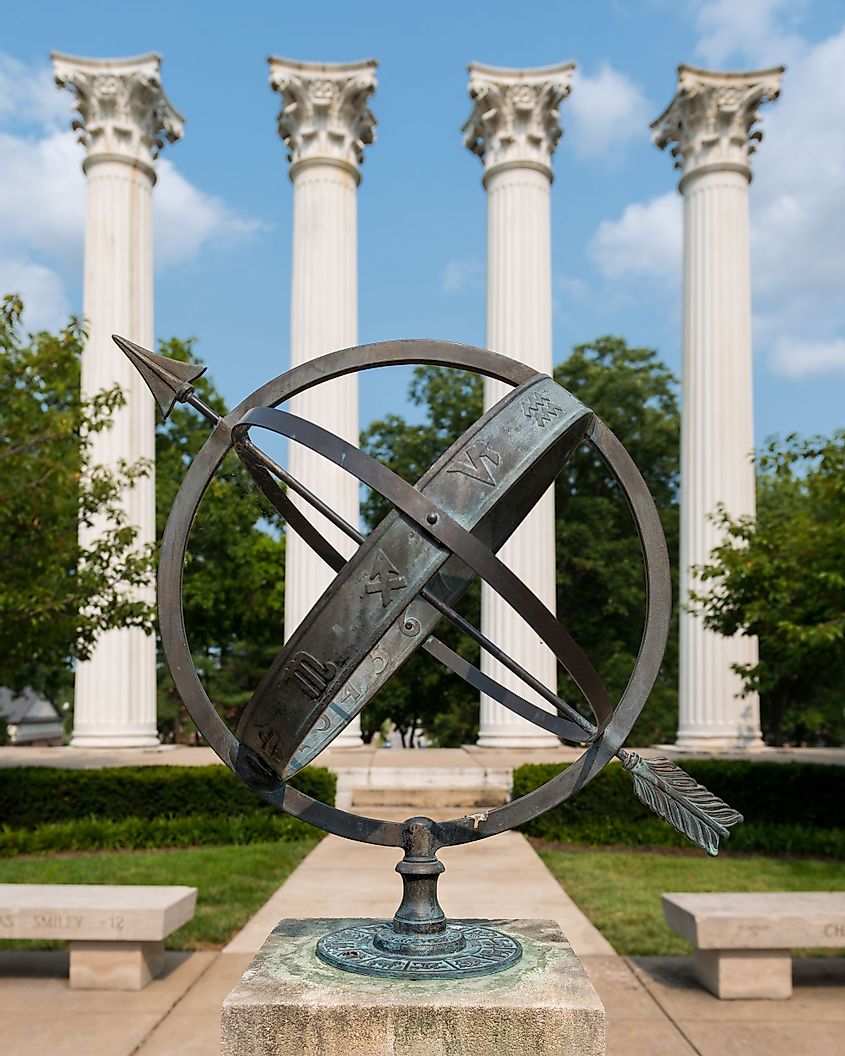 A sundial in front of the pillars on the campus of Westminster College in Fulton, Missouri