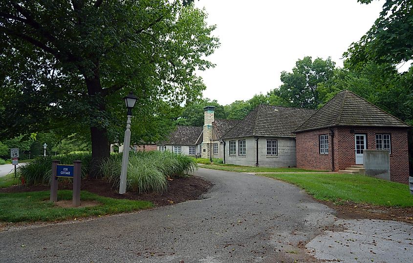 A view of homes in the historic village of Elsah, Illinois, USA.