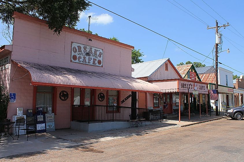 Pink facade of buildings in the Fayetteville Historic District, Texas