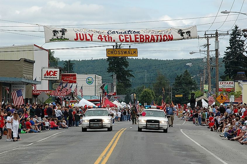 Parade on main street (looking north on SR 203) in Carnation, Washington.