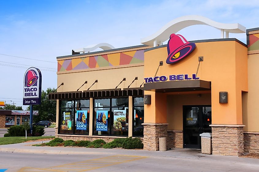 Exterior view of Taco Bell brand fast food restaurant in Salina, Kansas