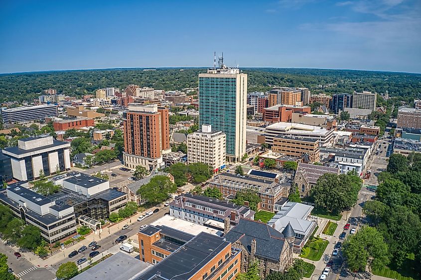 Aerial view of downtown Ann Arbor, Michigan, during the summer.