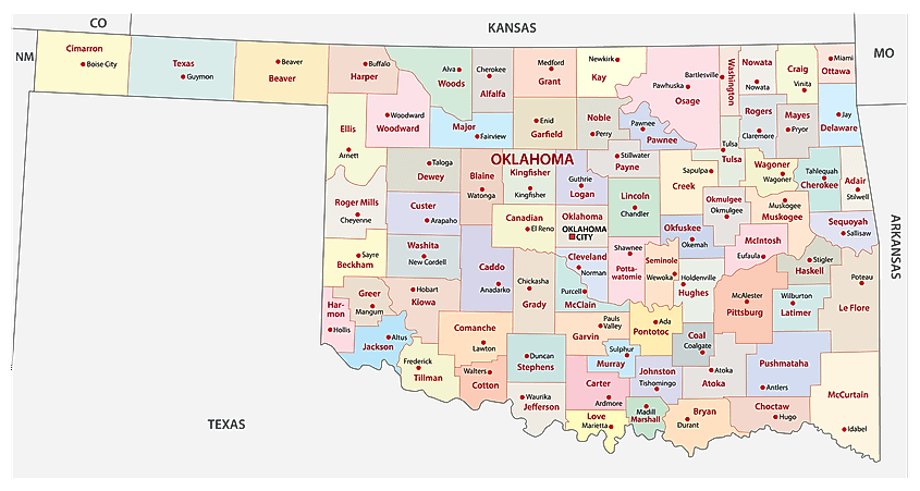 Administrative map of Oklahoma showing the state's 77 counties, with Cimarron County at the western tip of the Panhandle.
