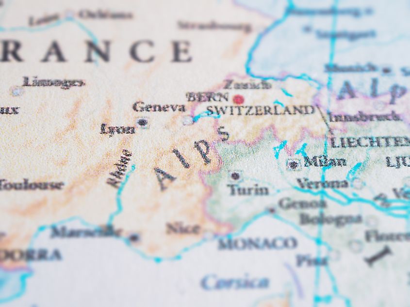 Alps region on the world map macro photo. Credit: daniiD/Shutterstock.com