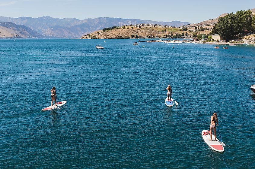 Paddle boarders on Lake Chelan in Washington.
