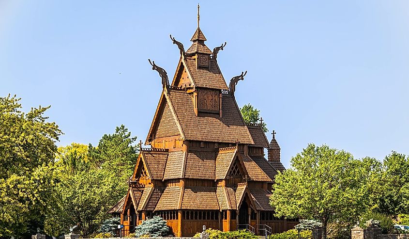 Stave church of Norwegian design found in Minot, North Dakota with architecture similar to structures found in Norway