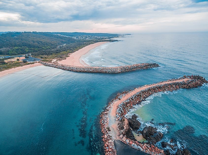 Aerial view of coastline near Narooma at dusk