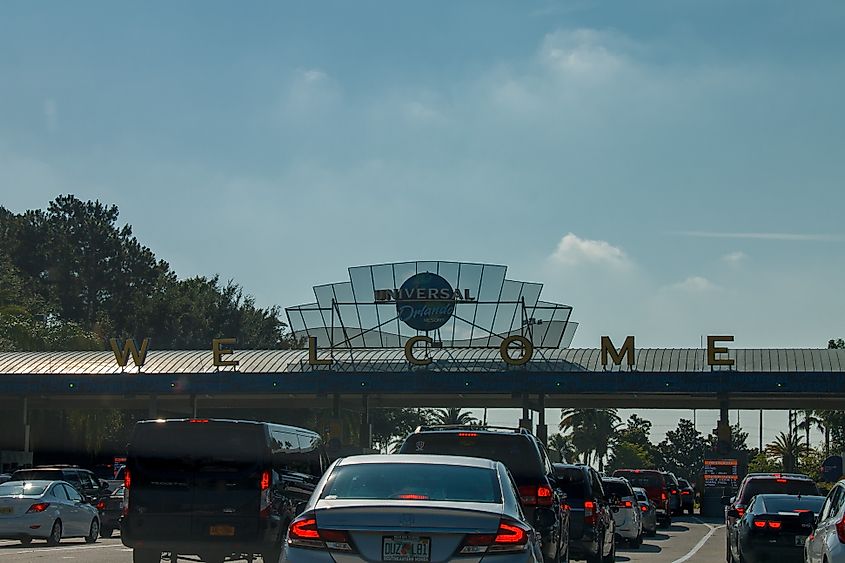 The Universal Studios amusement park parking lot entrance gate, Orlando, Florida. 