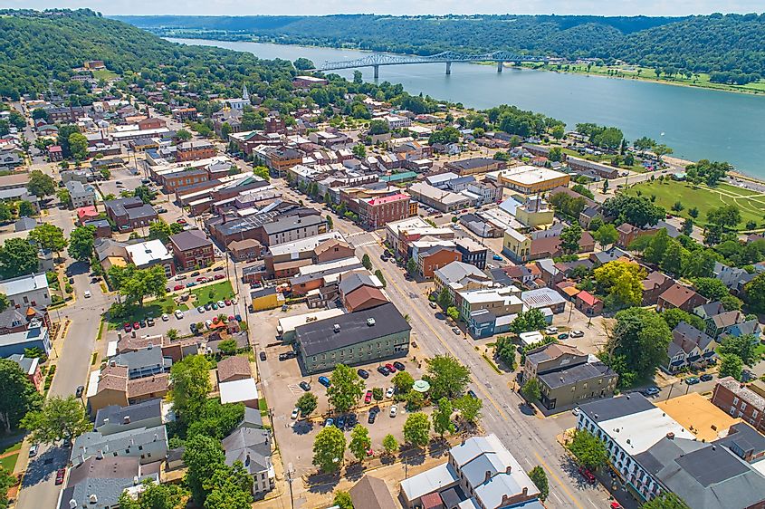 Aerial View of the historic town of Madison in Indiana on the Ohio River