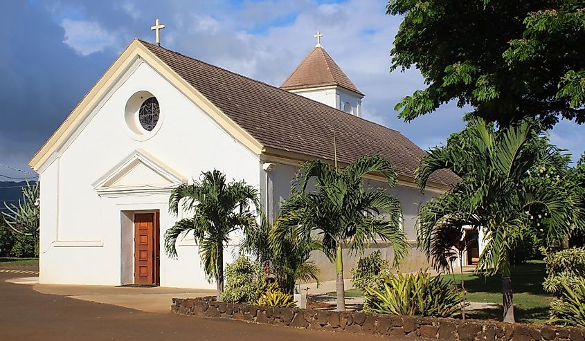 St Raphael's Church in September 2017 in the town of Koloa, Kauai, HI. This Catholic church is the oldest church on the island of Kauai, dating from 1841.