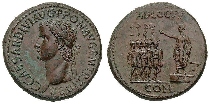 Roman coin depicting Caligula giving a speech to the army