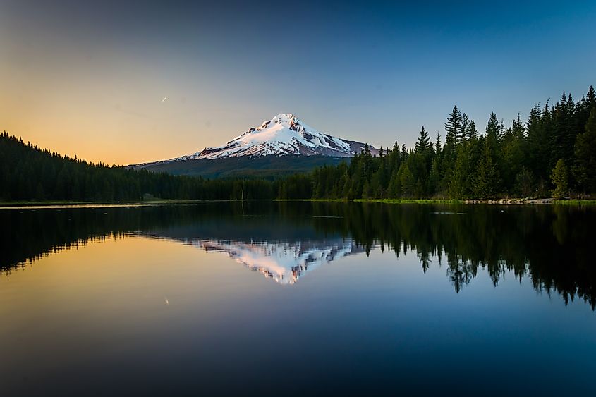 Serene lake and Mount Hood near Mount Hood Village, Oregon.