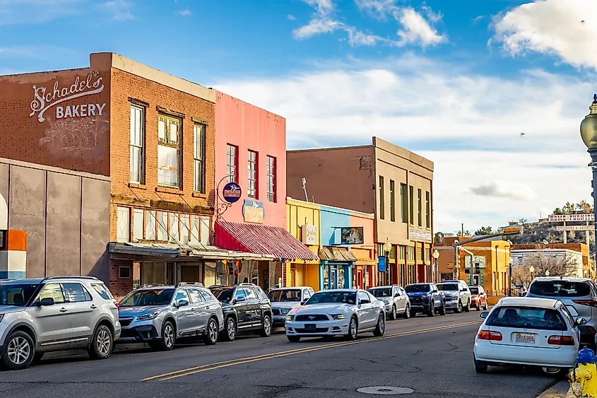 Streets lined with local businesses in Silver City, New Mexico