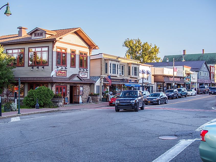 Vibrant businesses along Main Street in Lake Placid, New York.