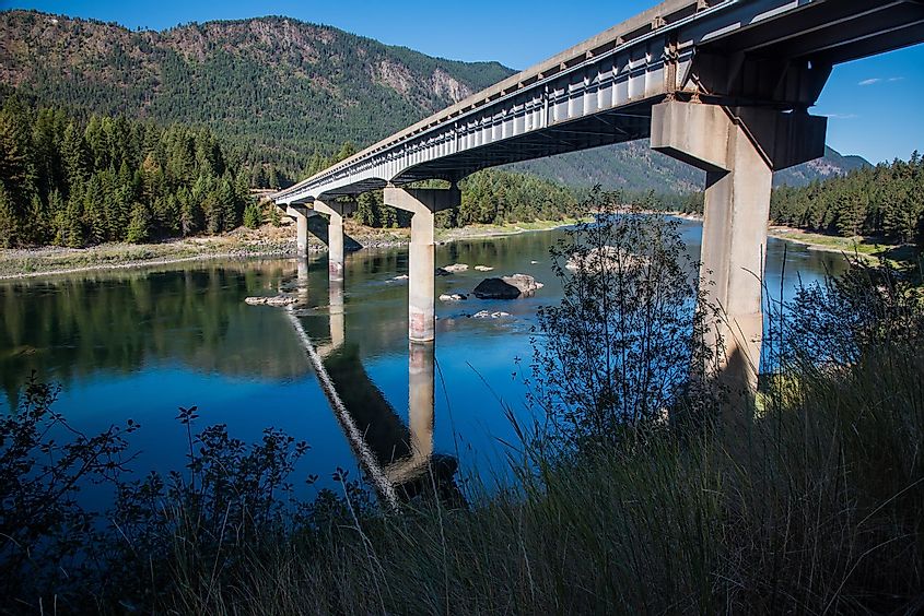 Bridge over Clark Fork River in Thompson Falls, Montana, USA. Expansive bridge connecting Wyoming to the pan handle of Idaho.