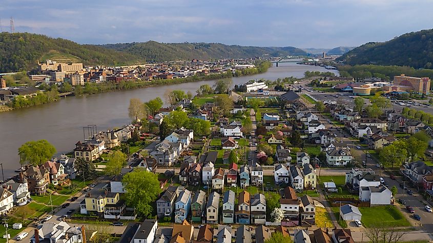 Aerial view of the Ohio River in Wheeling, West Virginia.