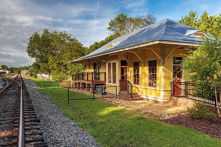 The relocated Chuckey community train depot displayed in historic Jonesborough, Tennessee, USA.