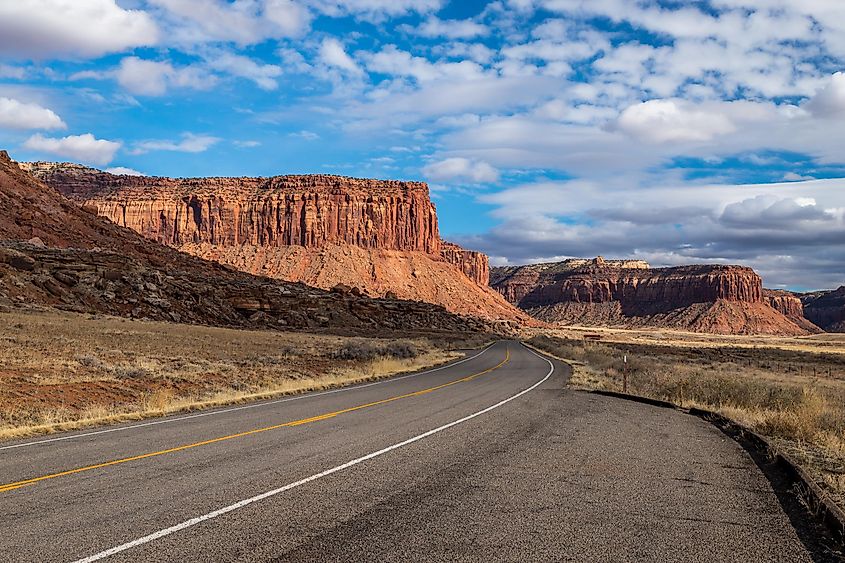 Iconic view of red sandstone buttes in Monticello.