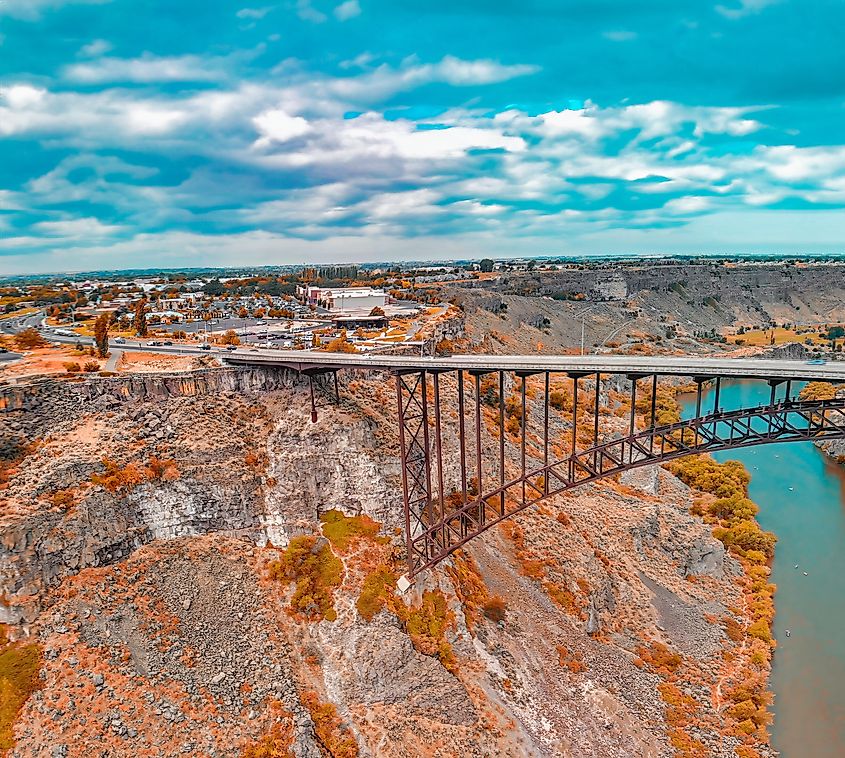 Perrine Memorial Bridge aerial view in Jerome, Idaho.